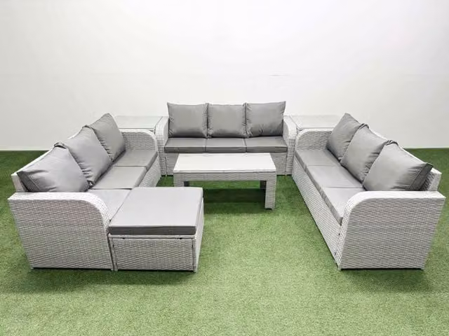 Fimous 10 Seater PE Rattan Outdoor Garden Lounge Sofa Set in Light Grey with Oblong Coffee Table, 3 Seater Sofa, Large Footstool and 2 Side Tables
