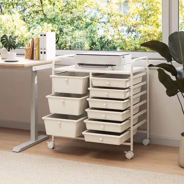 COSTWAY Rolling Storage Cart with 9 Transparent Drawers and Castors in Silver and White