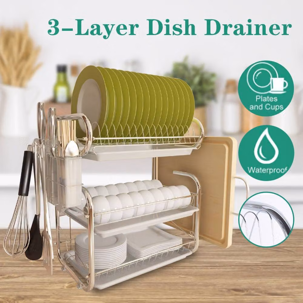 Garden Sanctuary 3-Tier Kitchen Dish Drainer Storage Stand with Drip Tray, White – 3