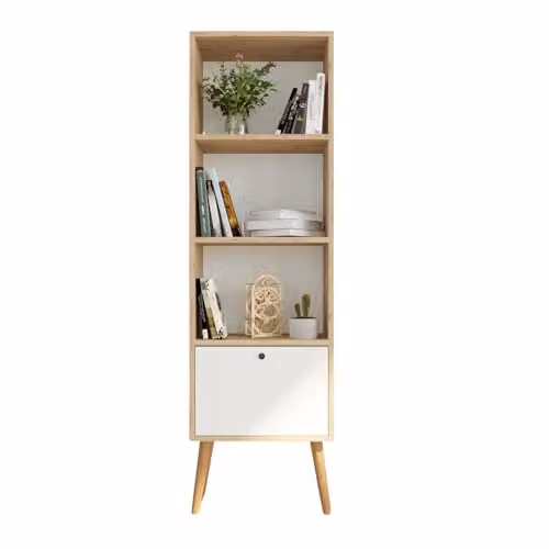 Bimossa Janus Wooden Corner Bookcase with Cabinet and 3 Shelves, Oak and White – 1