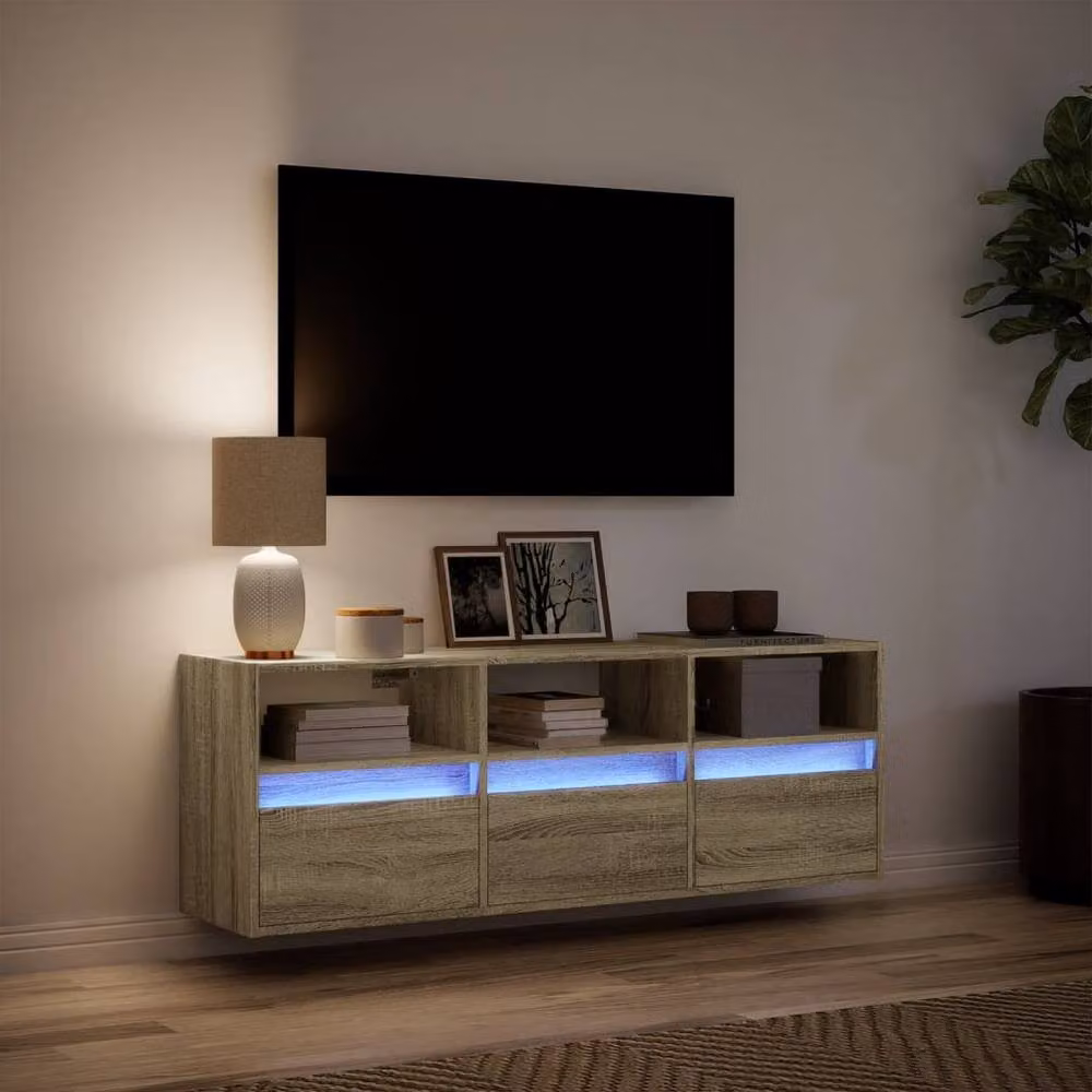 Berkfield Home Wall Mounted TV Cabinet with LED Lights in Sonoma Oak, Light Brown, W/D/H: 130 x 31 x 45 cm – 4