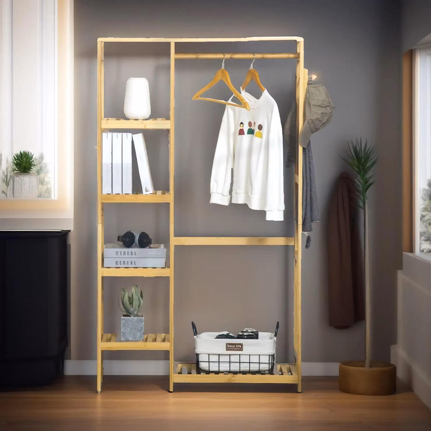 Pirlo Plush Bamboo Open Wardrobe with Shelves in Natural Beige, H 155 x W 90 x D 30 cm – 3
