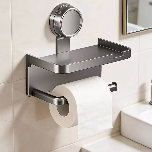 KORVIXA Grey Suction Bathroom Storage Rack with Glass and Metal Shelving