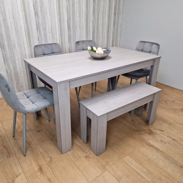 Kosy Koala Grey Dining Set with Rectangular Table, 4 Tufted Velvet Chairs and 1 Bench