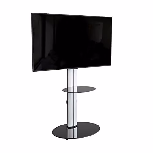 AVF Freestanding Silver Column TV Stand with Universal VESA Bracket and Black Safety Glass Shelving for up to 55 inch Screens – 1