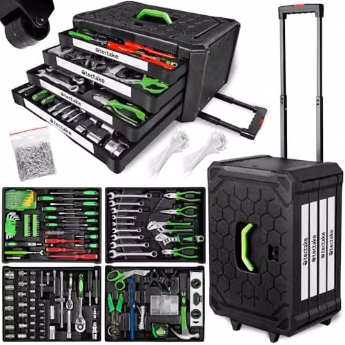 tectake Tool Box Trolley with 899-Piece DIY Tool Kit and 4 Drawers, Black