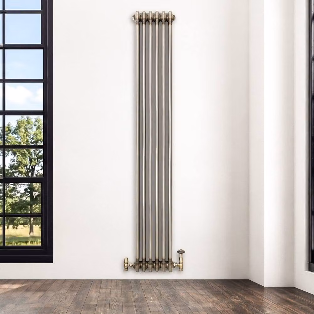 Monstershop Traditional 3 Column Steel Radiator and Valves in Silver, H: 180 cm, W: 29 cm, D: 29 cm – 4