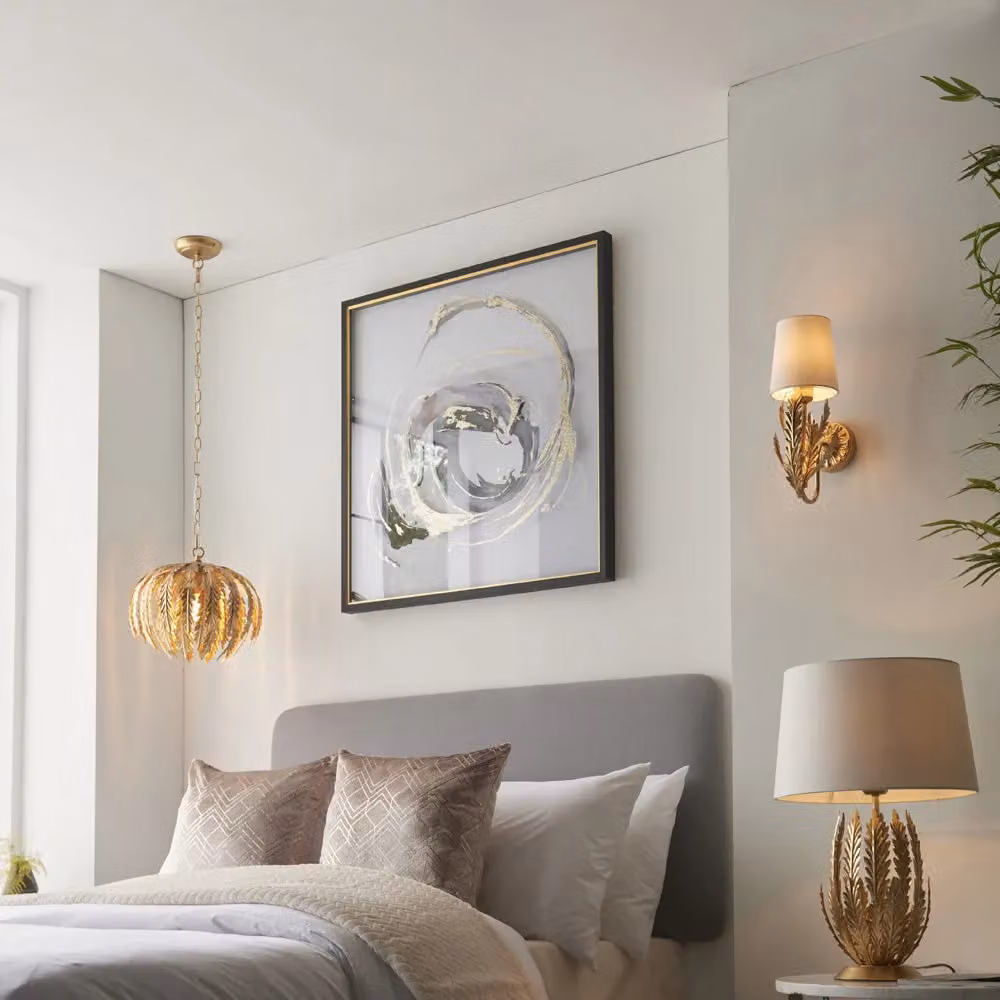 Loops Ornate Gold Wall Light Fitting with Beige Fabric Cylinder Shade – 2