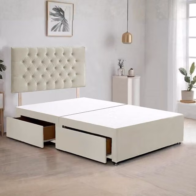 Bed Time UK Plush Velvet Divan Bed Frame with 2 Drawers and Chesterfield Headboard in Ivory, W/D/H: 120 x 200 cm