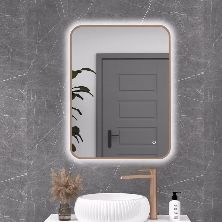 Royal Bathrooms Luton Backlit LED Illuminated Framed Rectangular Bathroom Mirror with Demister Pad and Touch Sensor in Gold