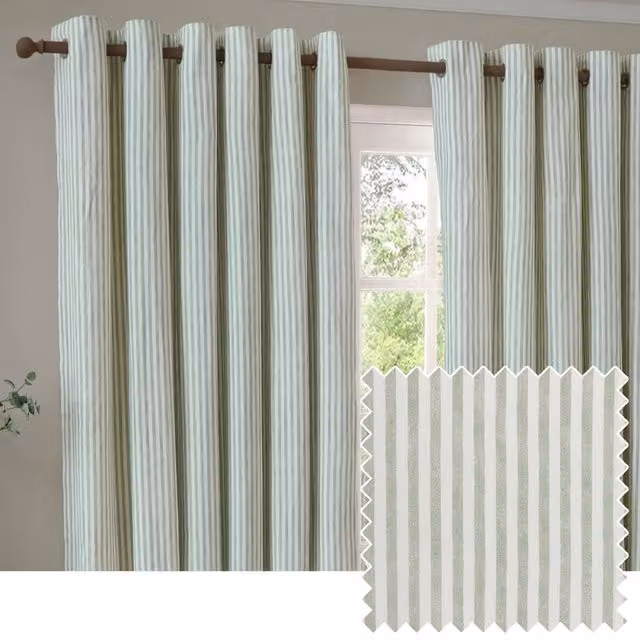 Make It A Home Hebden Striped Cotton Eyelet Curtain Pair in Green, Width: 168 cm