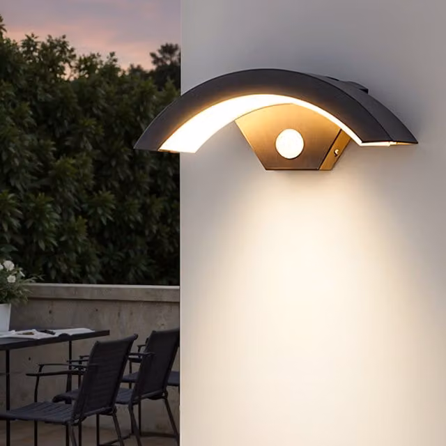 Living Star Modern LED Curved Induction Outdoor Wall Light in Black with Motion Sensor and Warm White Up and Down Lighting
