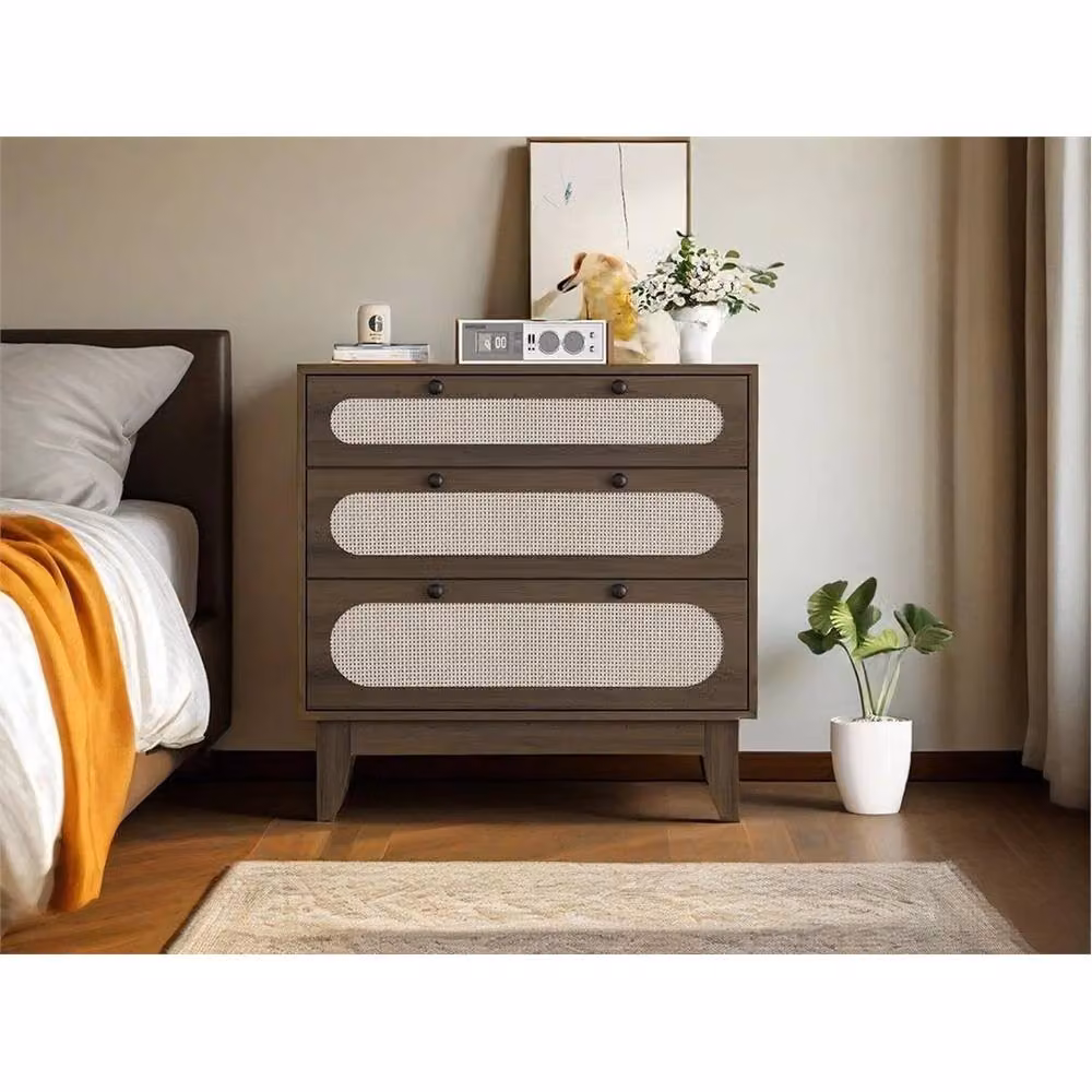 VOGREX Mid-Century 3 Drawer Rattan Chest of Drawers in Brown – 4