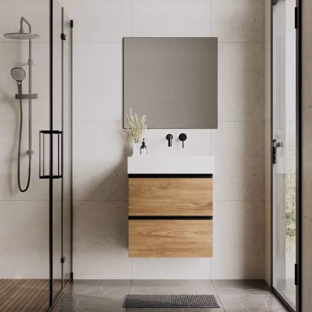 Banyetti Akiro 600mm Wall-Hung Vanity with Veneto 0 TH Basin in Light Brown Walnut