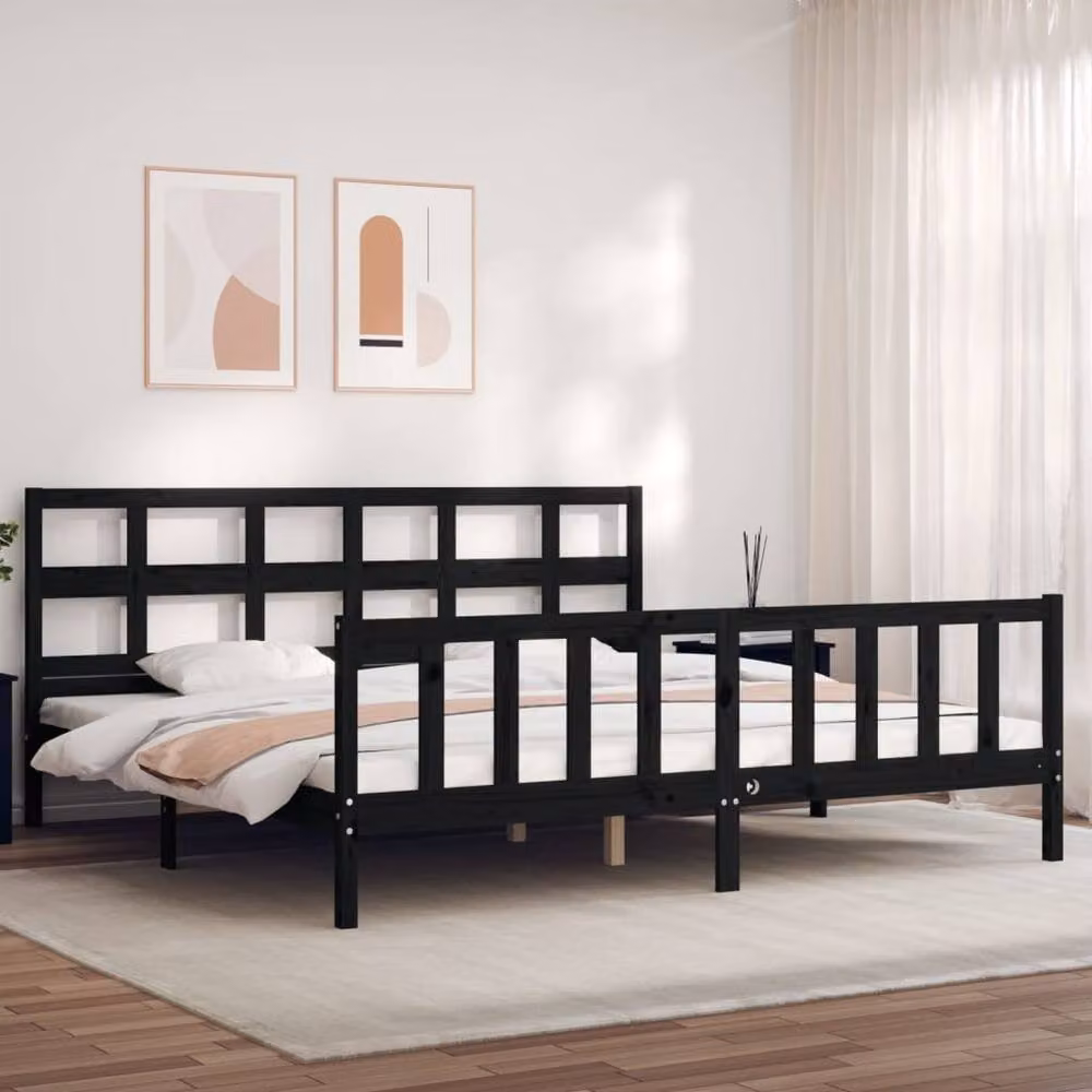 Berkfield Home Black Solid Pine Wood Bed Frame with Headboard W/D/H: 200 x 200 cm – 2