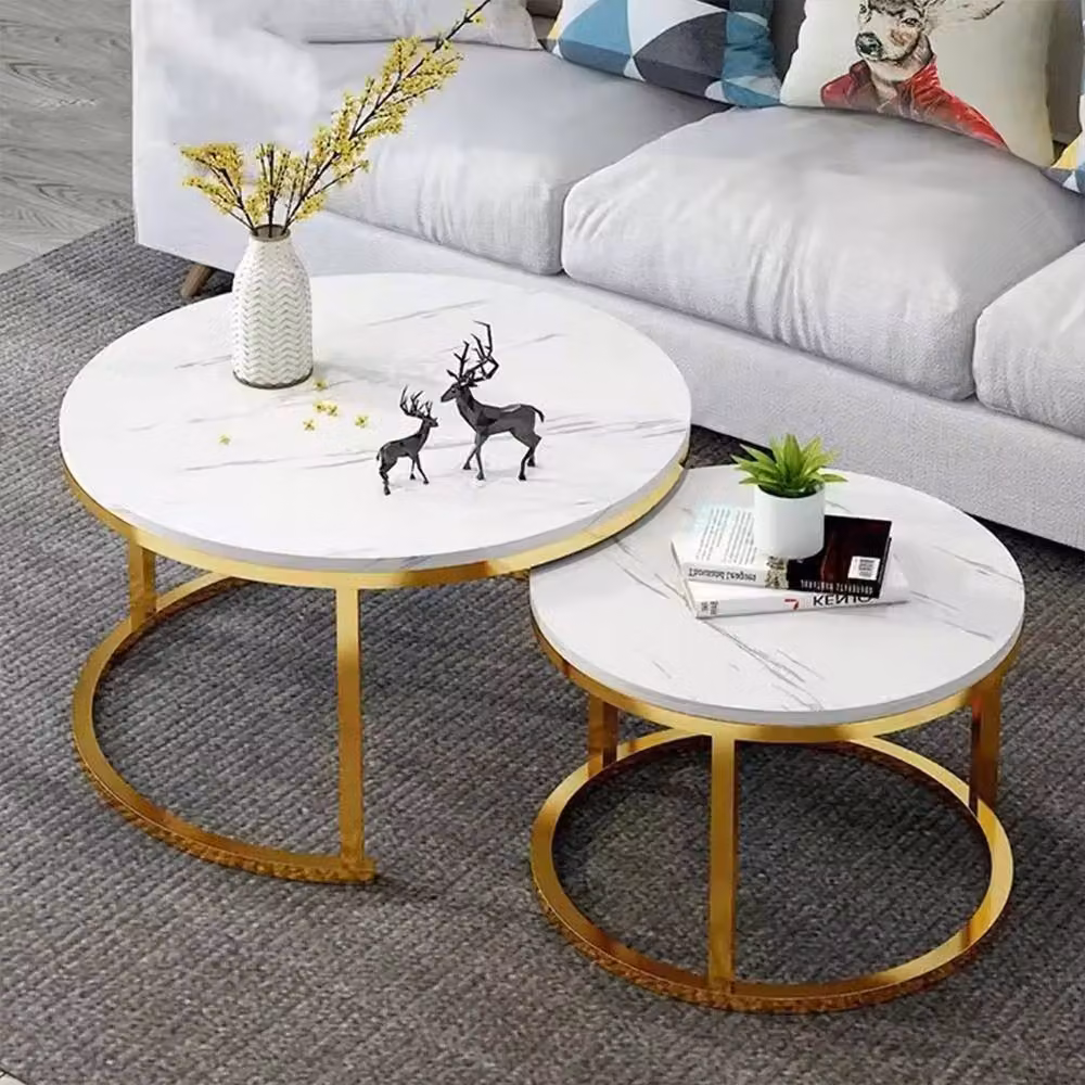 FORGEVIO Set of 2 Round Nesting Coffee Tables with Marble Tops and Sled Base in Gold and White – 6