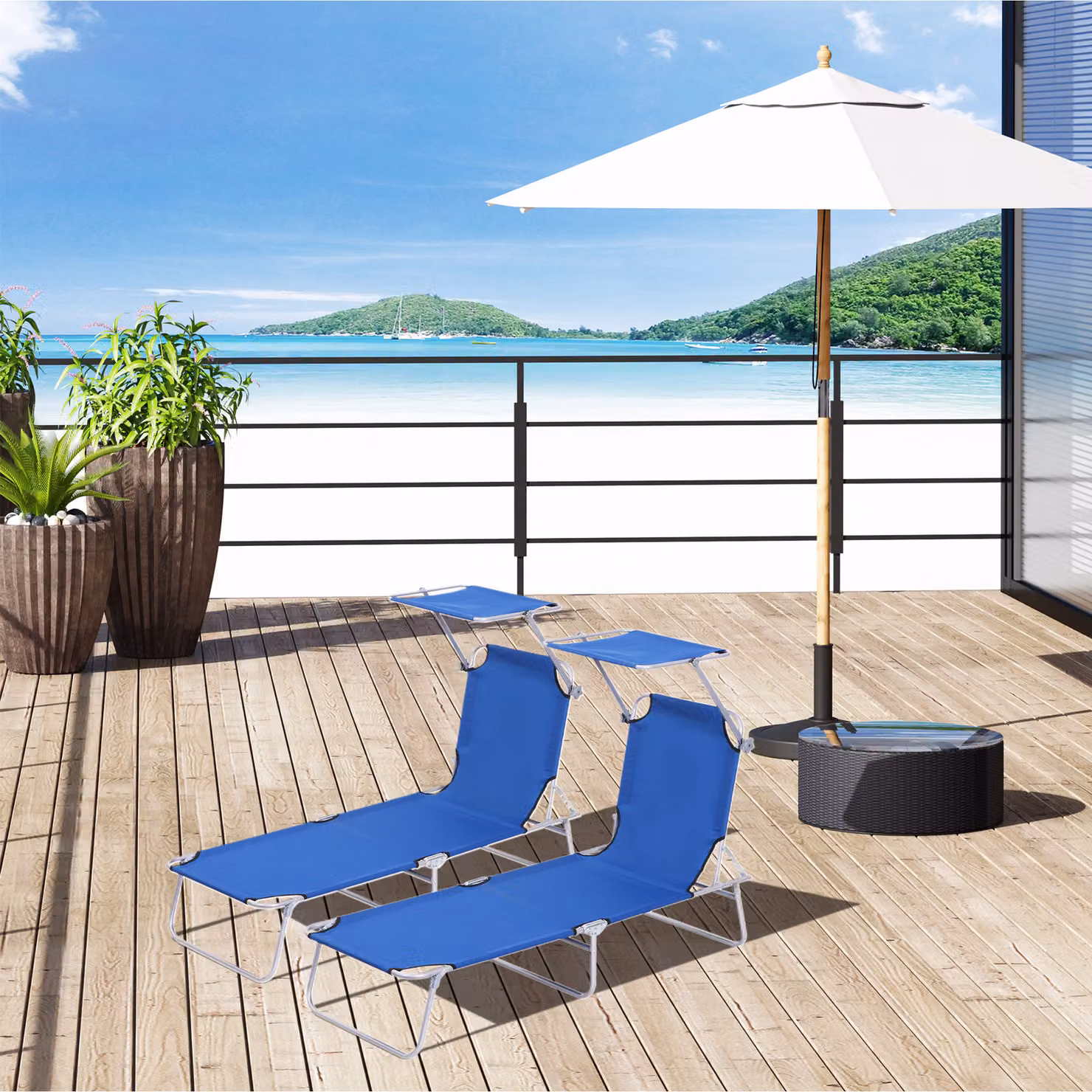 Outsunny 2 Piece Foldable Sun Lounger Set with Removable Shade Canopy and Adjustable Headrest in Blue Mesh Fabric – 2