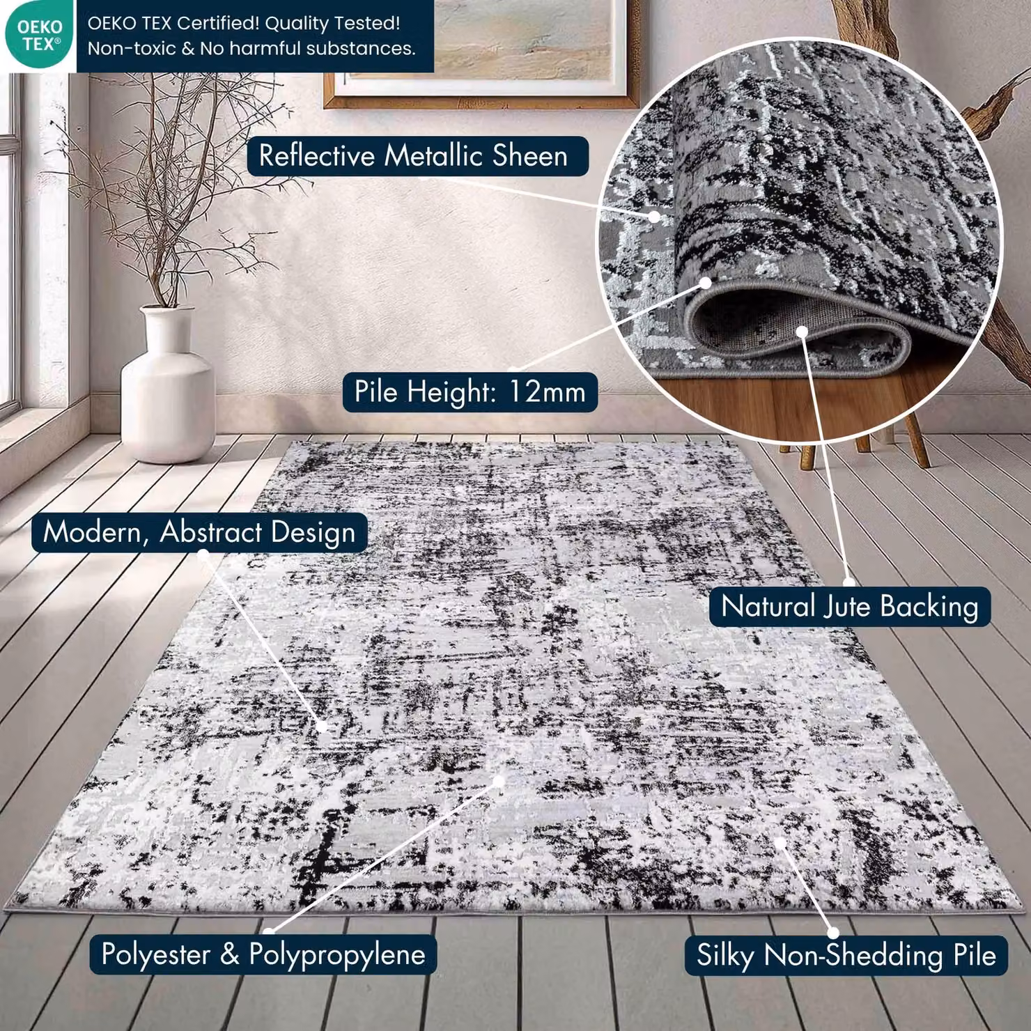 Desire Rugs Serenity Modern Abstract Black Area Rug, W: 80 cm, L: 150 cm – 2