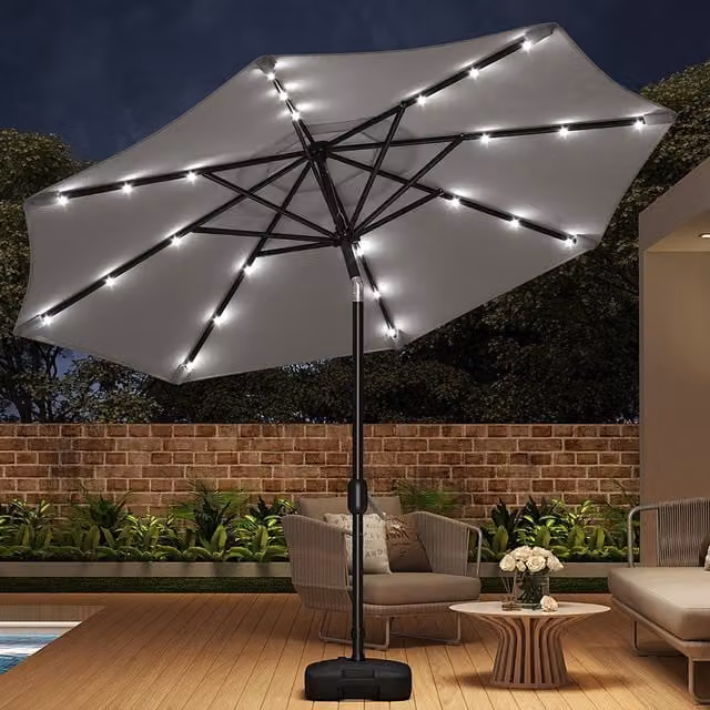 Livingandhome Patio LED Solar Lighted Parasol with Square Base in Grey and Beige, Diameter: 300 cm