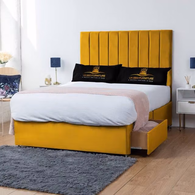 UK Bed Furniture Ashford Divan Bed with 2 Drawers Same Side and 26 Inch Headboard in Mustard Yellow, Super King, W/D/H: 200 x 200 cm