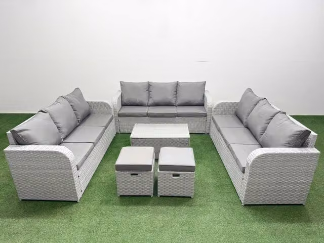 Fimous 11 Seater PE Rattan Outdoor Garden Lounge Sofa Set with Rectangular Coffee Table, 3 Seater Sofa and 2 Stools, Light Grey