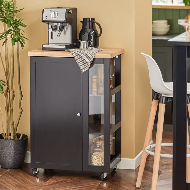SoBuy Modern Mobile Kitchen Cart in Black Lacquered MDF and Rubberwood