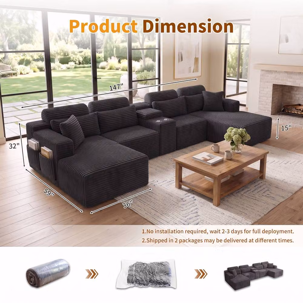 Merax 370cm U-Shape Modular Corner Sofa with Chaise and Cup Holders in Dark Grey – 3