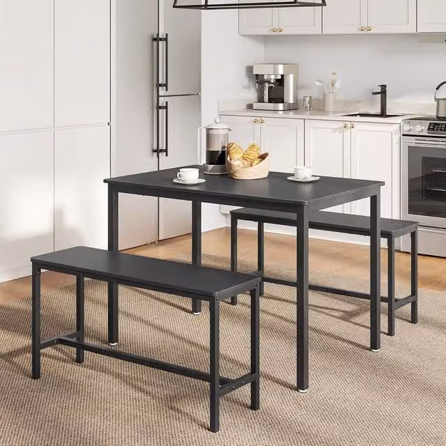 VASAGLE 3 Piece Industrial Style Dining Table and Benches Set in Black