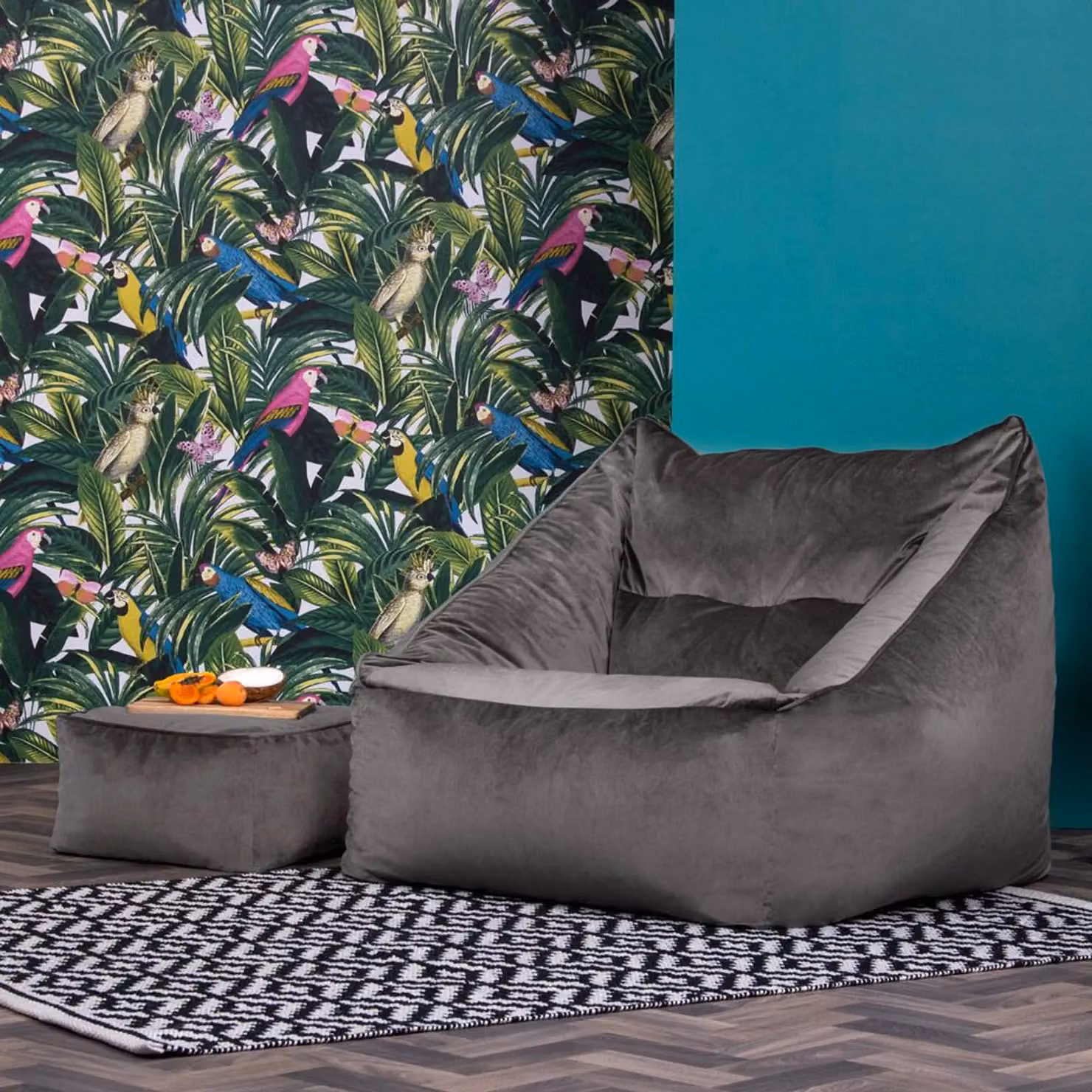 ICON Natalia Velvet Adult Bean Bag Armchair and Footstool in Charcoal Grey and Olive Green – 2