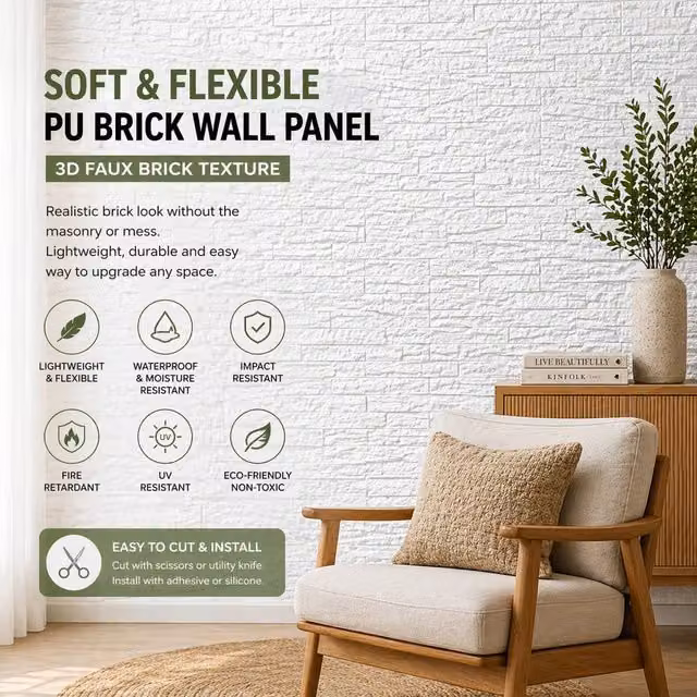 ENER-J Britwall Soft Flexible White PU Faux Brick Wall Panel, Pack of 2, W: 1200 mm, H: 600 mm, D: 3 mm – 1