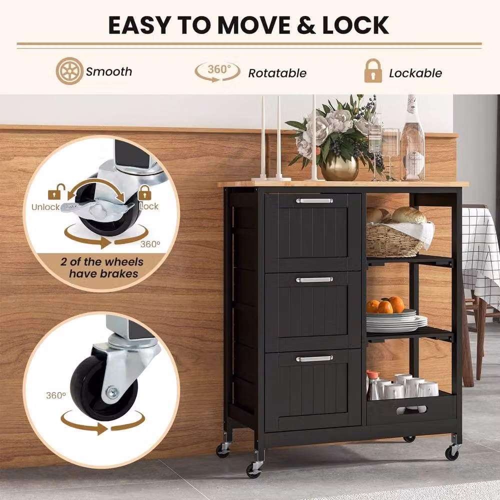 Gymax Black Rolling Kitchen Island Utility Cart with Lockable Wheels and Wood Top – 5