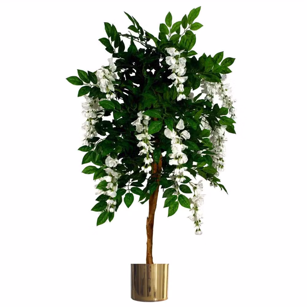 Leaf 130cm Artificial Wisteria Tree with White Flowers and Gold Planter in Green – 3