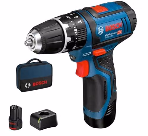 Bosch GSB 12 V-15 12V Cordless Combi Drill with 2 x 2Ah Li-ion Rechargeable Batteries in Red, Black and Blue – 2