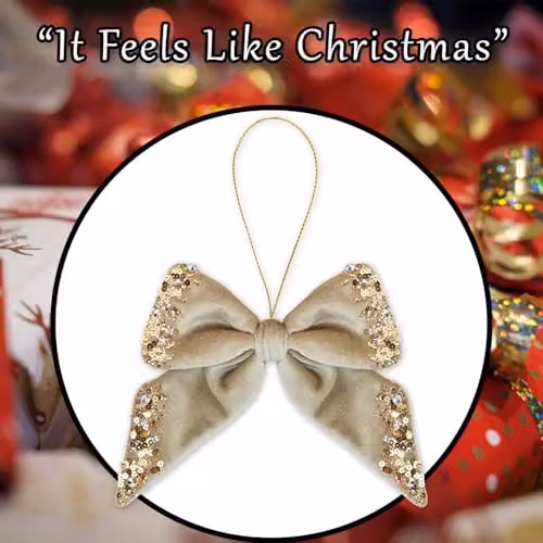 VFM e-Store Christmas Velvet Bow Hanging Decoration, Gold and Green, H 23 cm x W 18 cm – 5