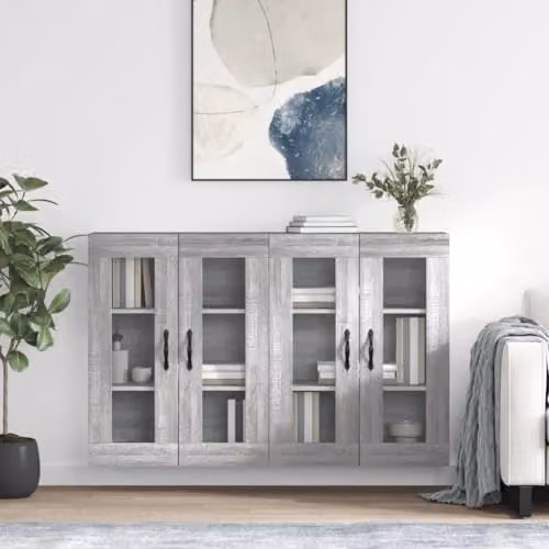 vidaXL Set of 2 Modern Wall Mounted Cabinets with Glass Doors in Grey and Black – 2