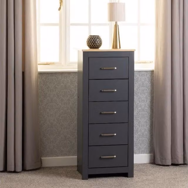 Seconique Portland 5 Drawer Narrow Chest in Grey