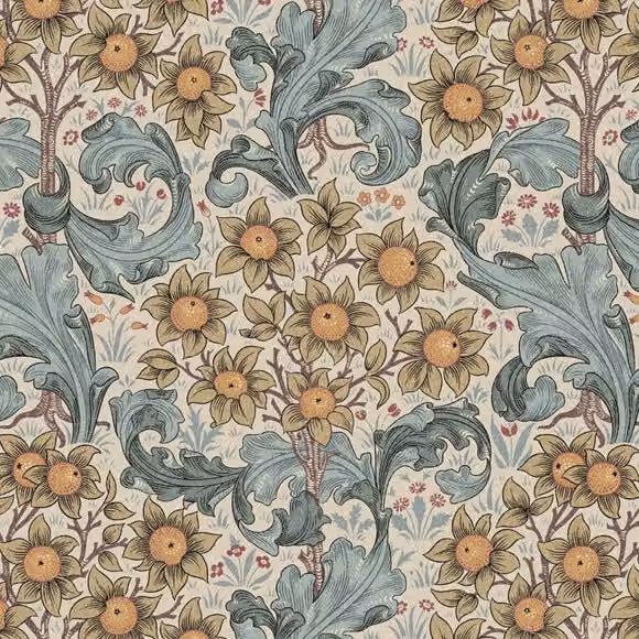William Morris Orchid Digitally Printed Fabric in Tourmaline, Yellow, Blue and Multicolour
