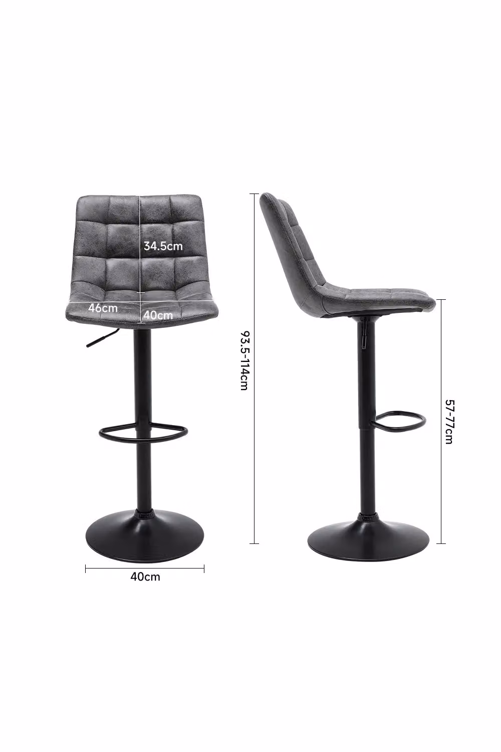 Living and Home Set of 2 Grey Grid PU Leather Upholstered Swivel Bar Stools with Adjustable Height and Metal Frame – 2