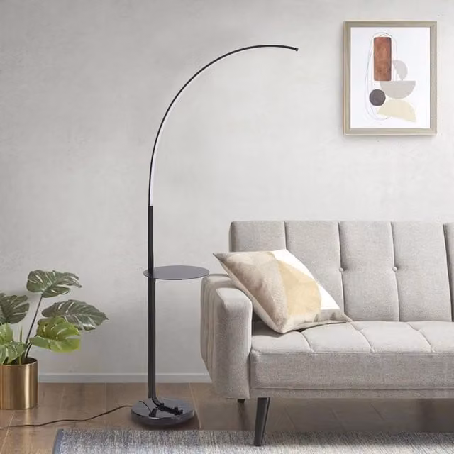 Livingandhome Marble Arc Minimalist LED Floor Lamp with Tray in Black