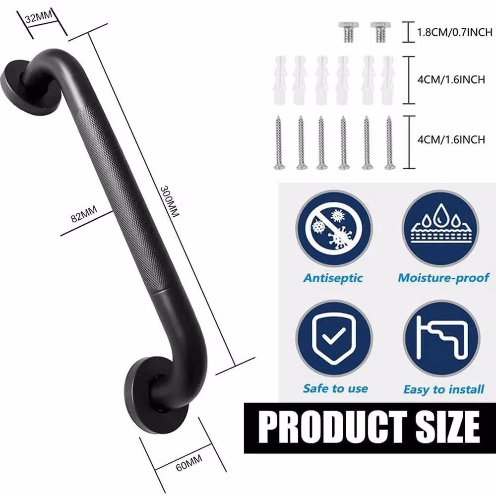 EONLION Pack of 2 Matt Black Stainless Steel Wall Mounted Safety Support Hand Rails with Non-Slip Grip – 2