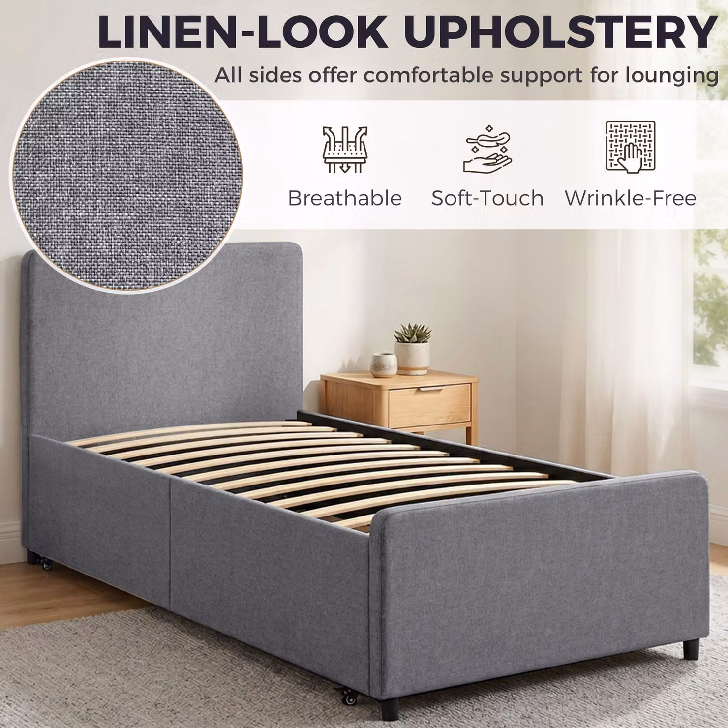 HOMCOM Single Bed Frame with Pull Out Trundle and Headboard, Upholstered Fabric in Dark Grey, W/D/H: 90 x 190 cm – 5
