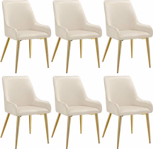 TECTAKE Modern Dining Chair Set of 6 in Beige Velvet Fabric with Metal Legs