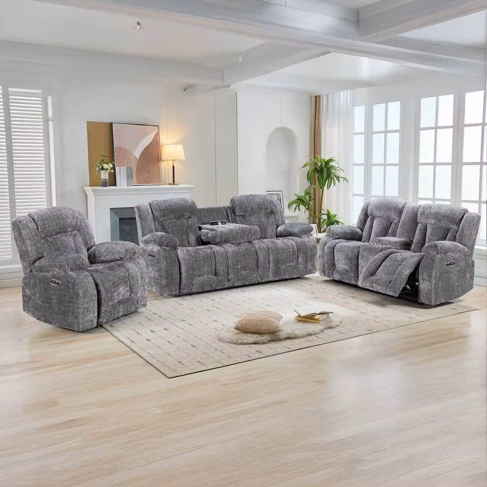 Furnishings For Less UK Unico Grey Fabric 3 Piece Reclining Sofa Suite with 3 Seater, 2 Seater and Armchair, USB Charging and Cup Holders – 2