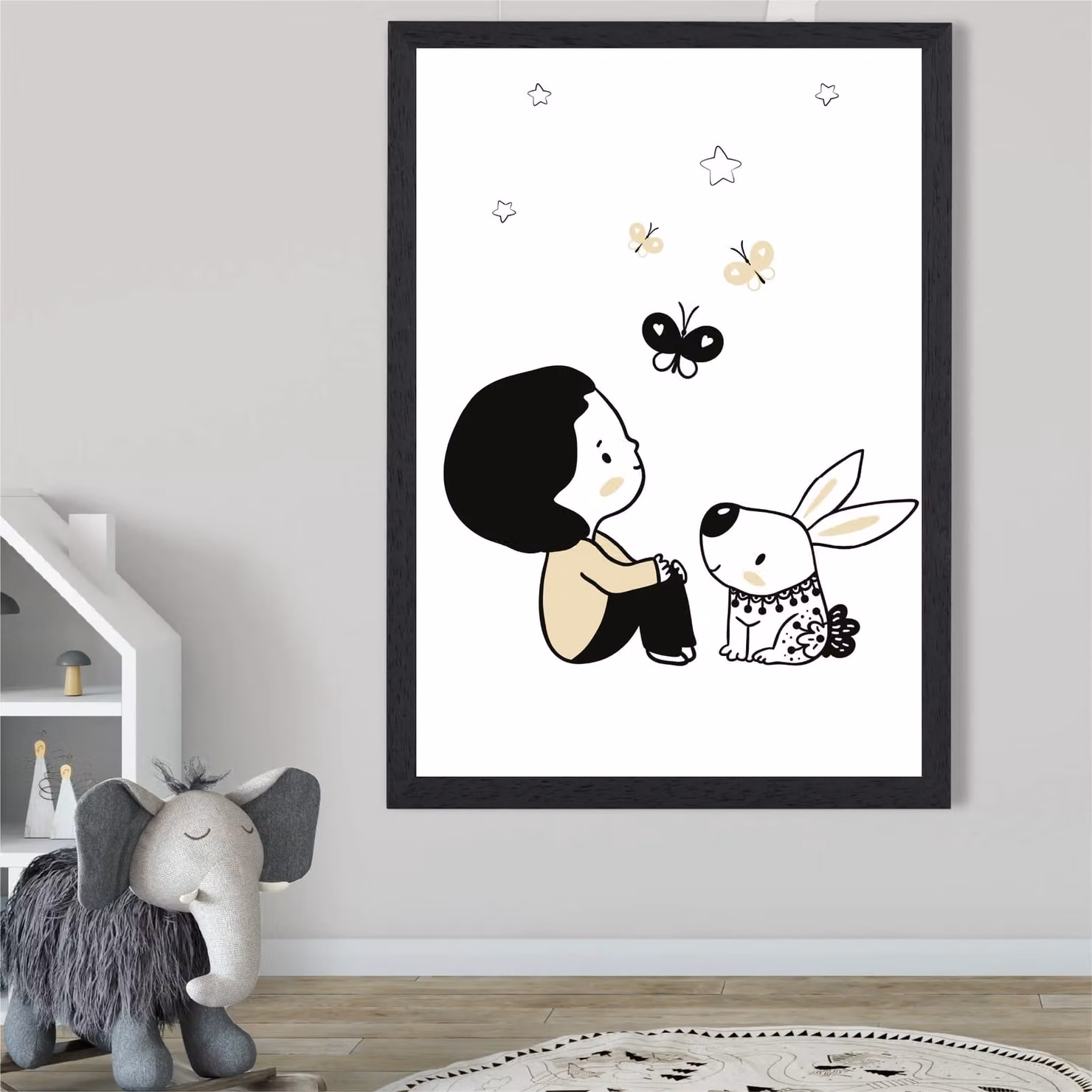 ARTZE Scandi Prince Little Boy with Rabbit Framed Illustration, Black Frame, A4 – 2