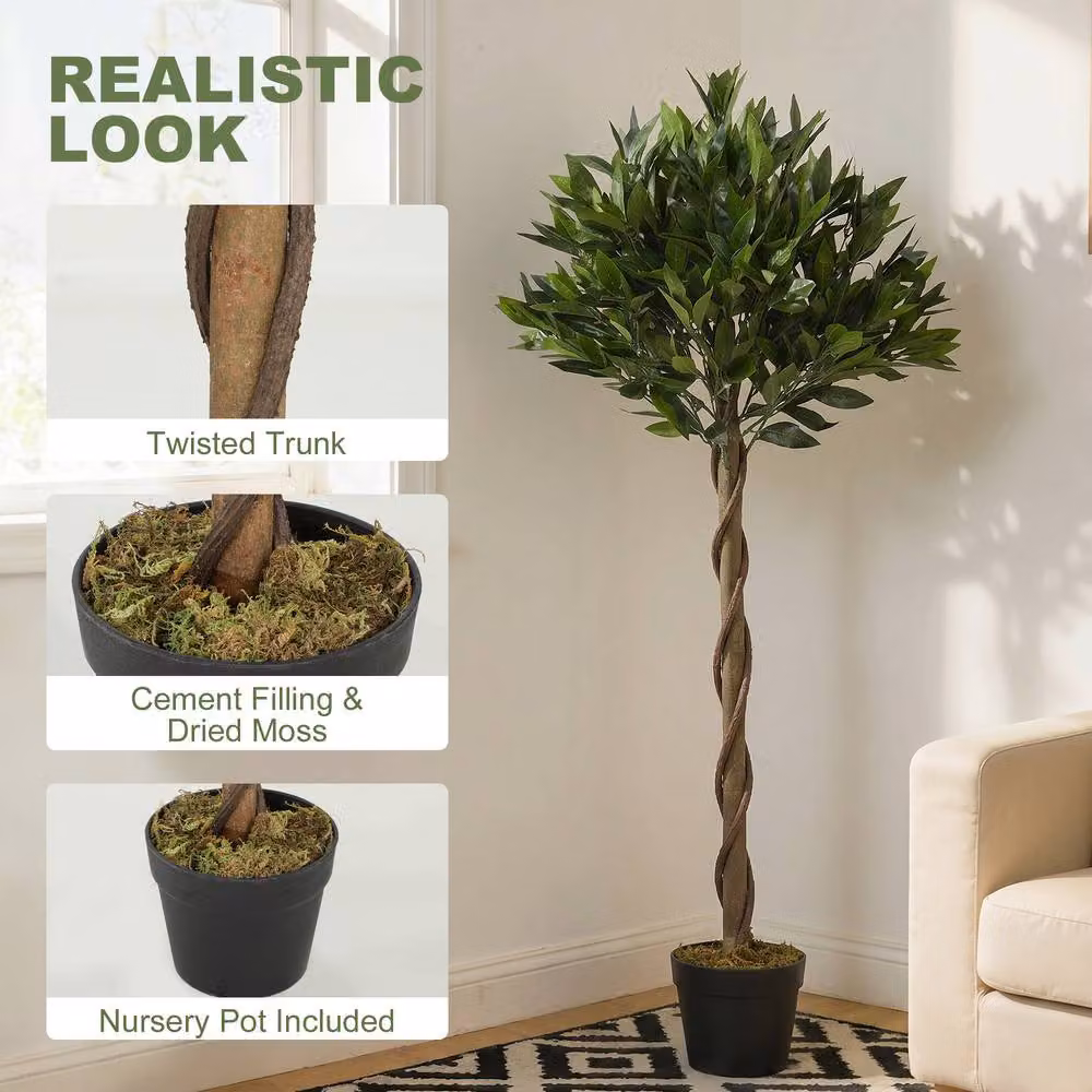 OUTSUNNY Set of 2 Green Artificial Bay Laurel Topiary Trees with Twisted Trunk and Concrete Base – 4
