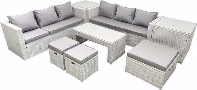 Fimous 9 Seater Rattan Garden Furniture Set in Light Grey with Oblong Coffee Table, 3 Footstools and 2 Side Tables