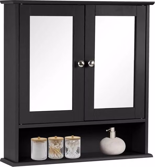 Havendro Black Matt Wooden Double Mirror Door Bathroom Wall Cabinet
