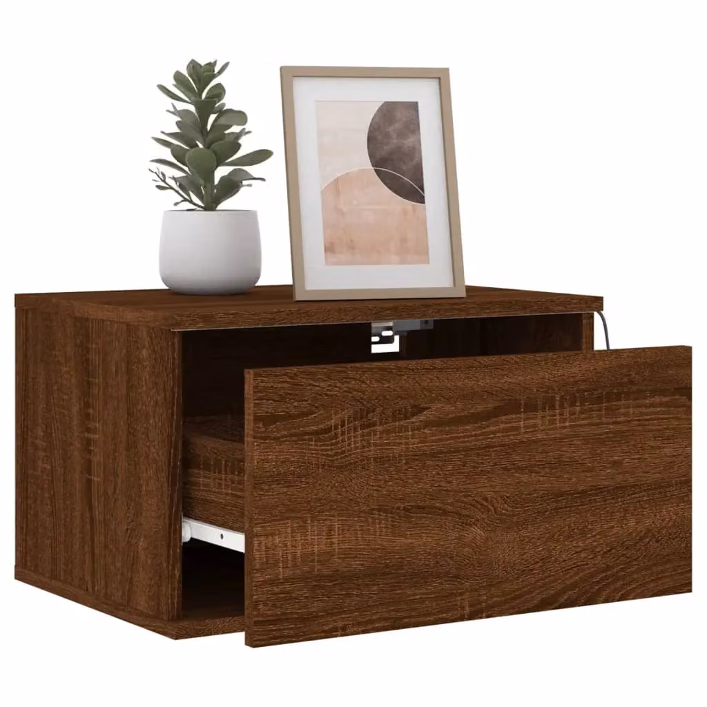Berkfield Home Set of 2 Modern Wall-mounted Bedside Cabinets with Integrated LED Lights in Brown Oak – 3