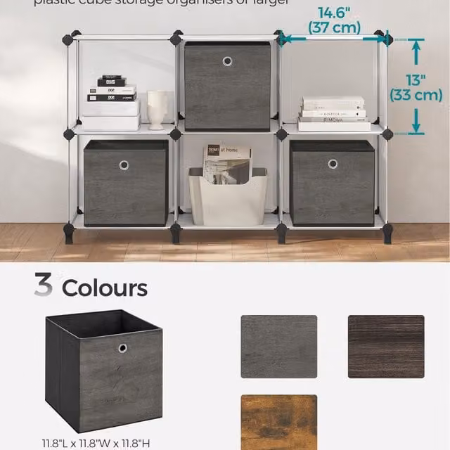 SONGMICS Set of 6 Foldable Fabric Storage Cubes with Handles, Grey, W/D/H: 30 x 30 x 27 cm