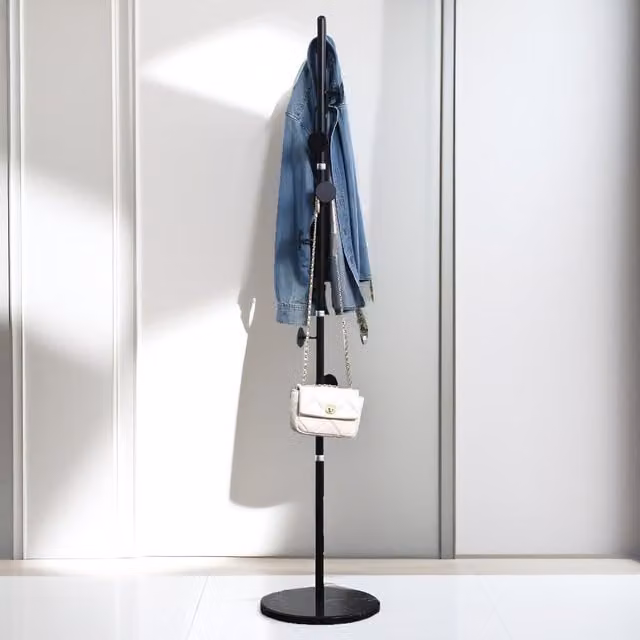 Pirlo Plush Black Adjustable Coat Stand with 8 Hooks and Marble Base, H 170 x W 35 x D 35 cm